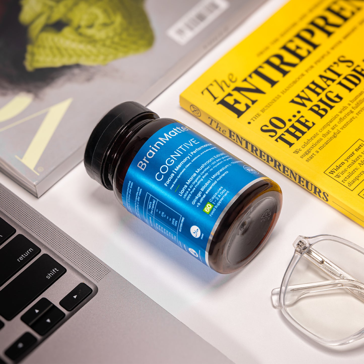 BrainMatter Cognitive by Balance8 Wellness on a workspace desk — supporting focus and mental clarity for entrepreneurs and professionals.