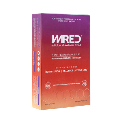 WIRED 3-IN-1 Performance Fuel Discovery Pack – Berry Fusion, Melon Ice and Citrus Lime box product hero shot | Balance8 Wellness