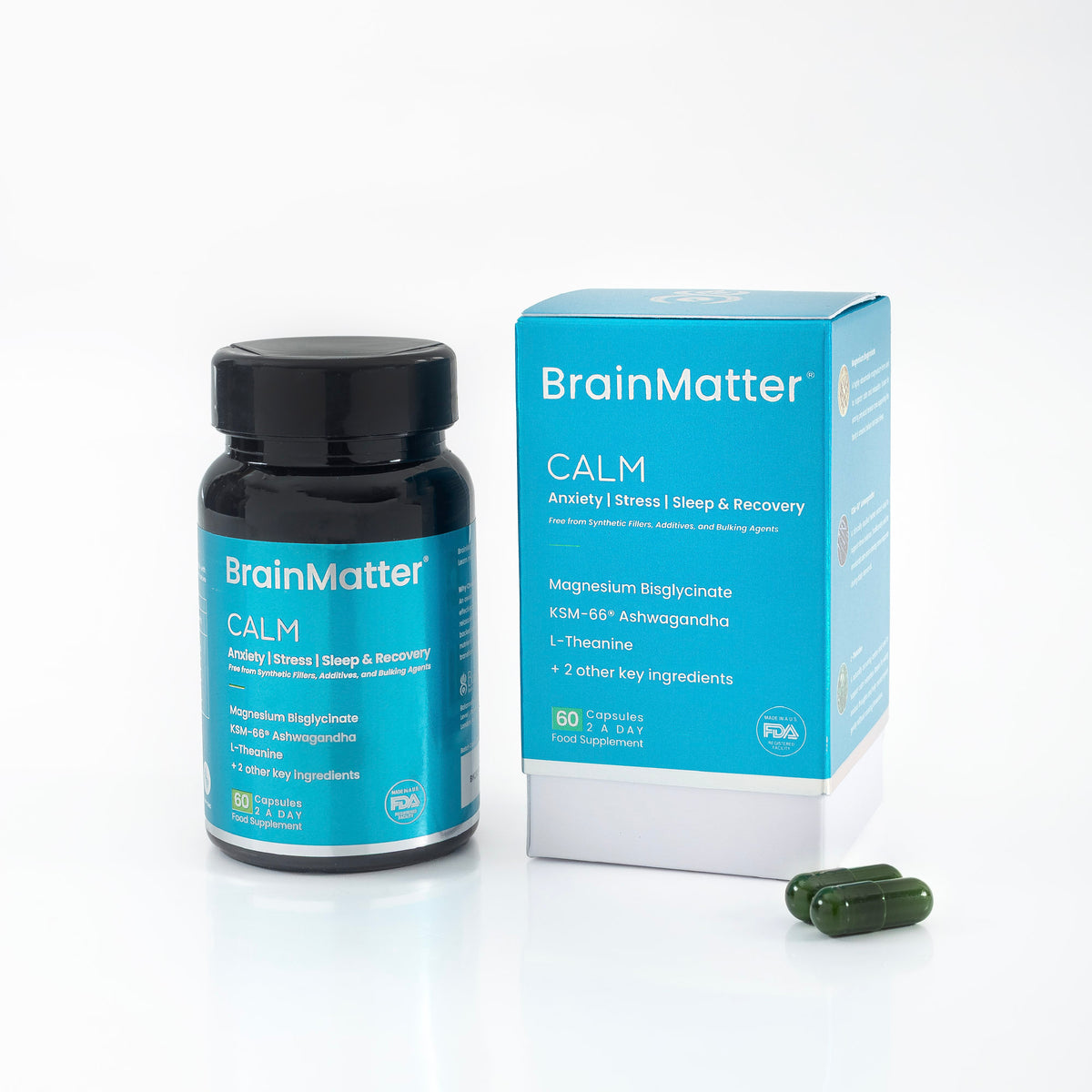 BrainMatter Calm stress relief supplement – bottle and box product hero shot | Balance8 Wellness