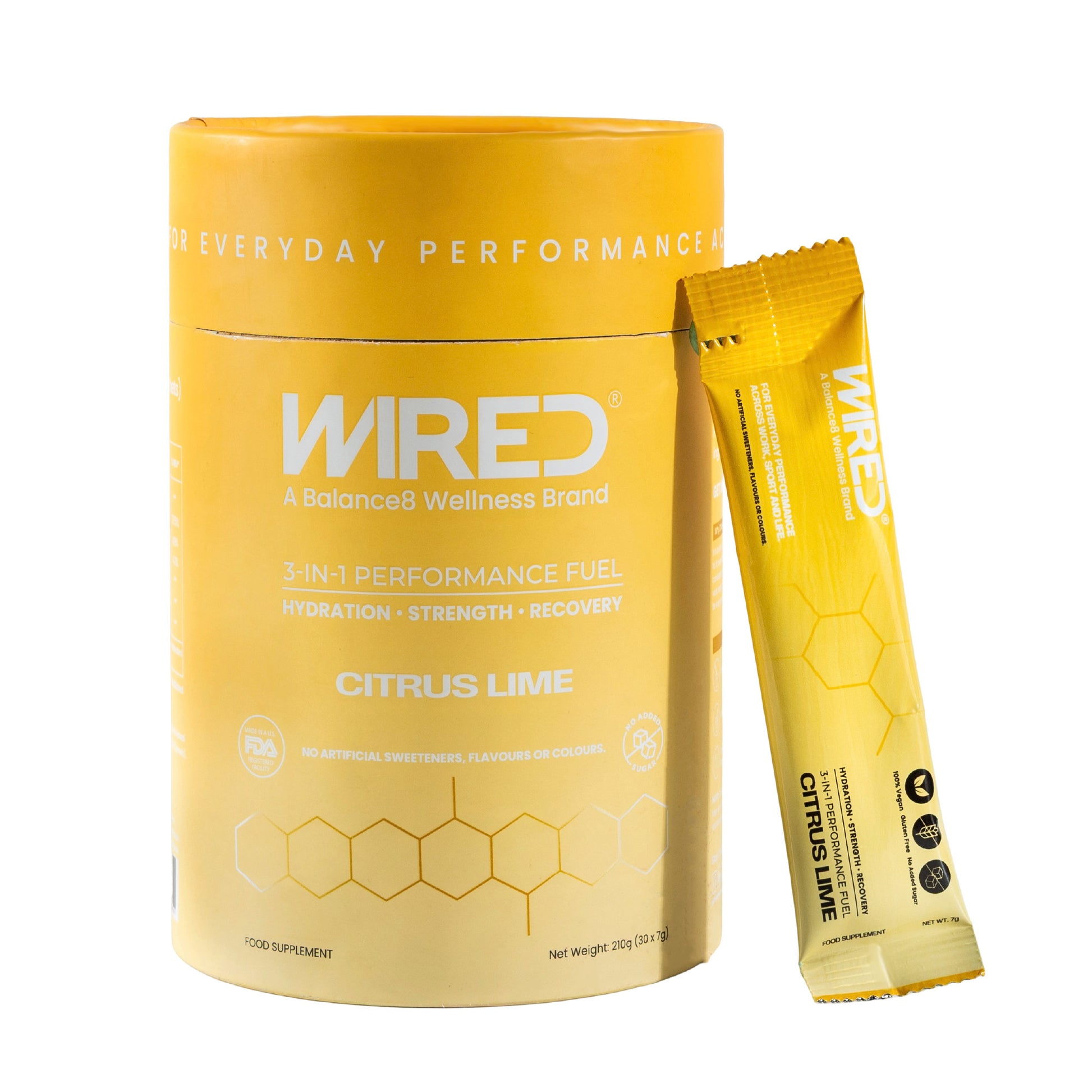 WIRED 3-IN-1 Performance Fuel Citrus Lime – yellow canister and sachet product hero shot | Balance8 Wellness