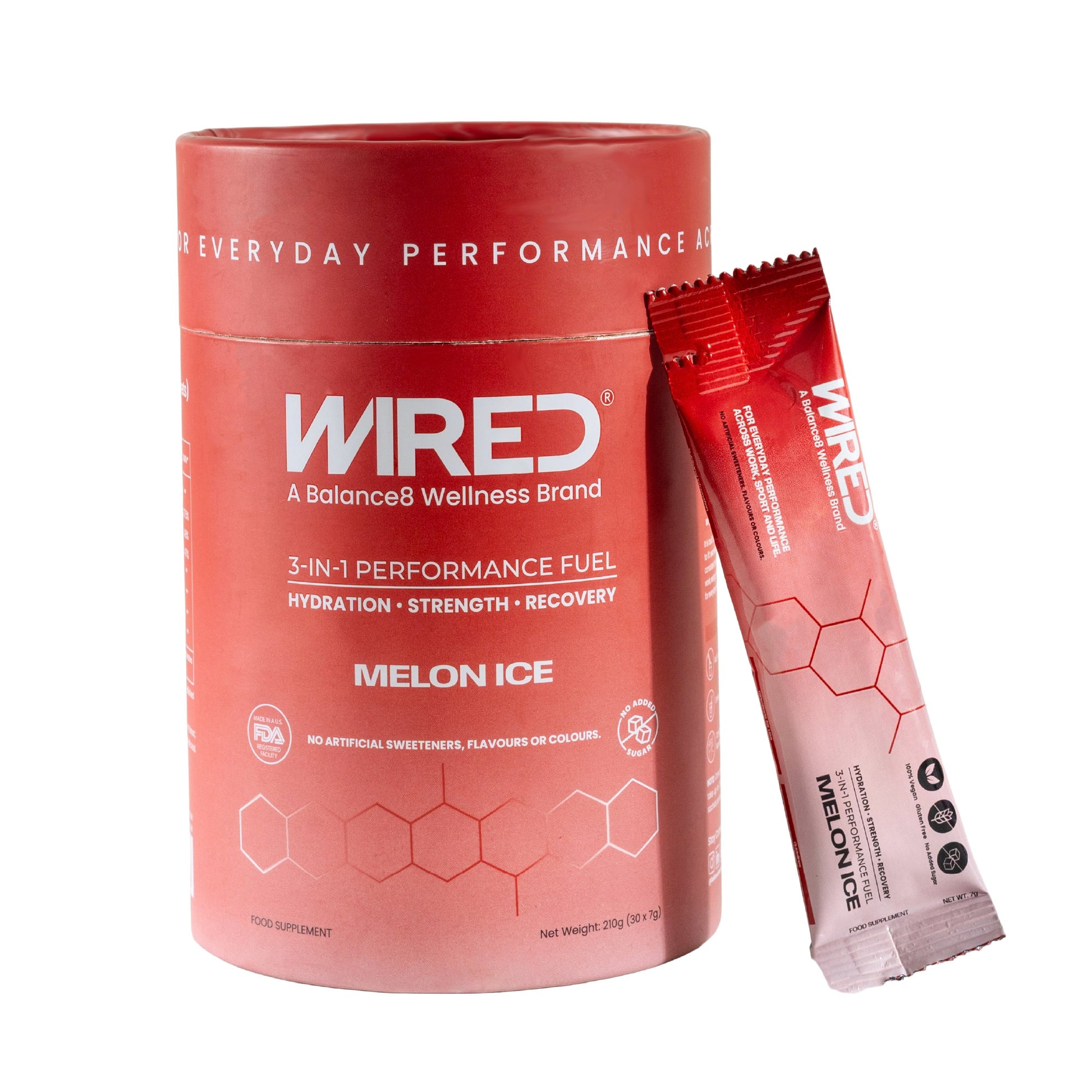 WIRED 3-IN-1 Performance Fuel Melon Ice – red canister and sachet product hero shot | Balance8 Wellness