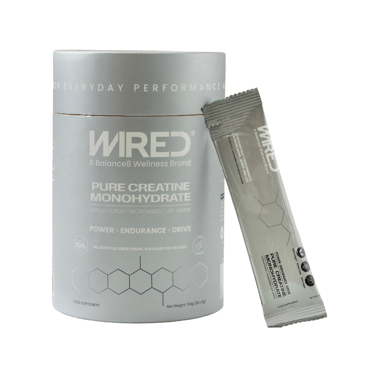 WIRED Pure Creatine Monohydrate – silver canister and sachet product hero shot | Balance8 Wellness