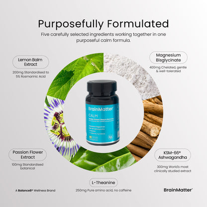 BrainMatter Calm – key ingredients: KSM-66 Ashwagandha, Magnesium Bisglycinate, L-Theanine, Lemon Balm Extract and Passion Flower Extract | Balance8 Wellness