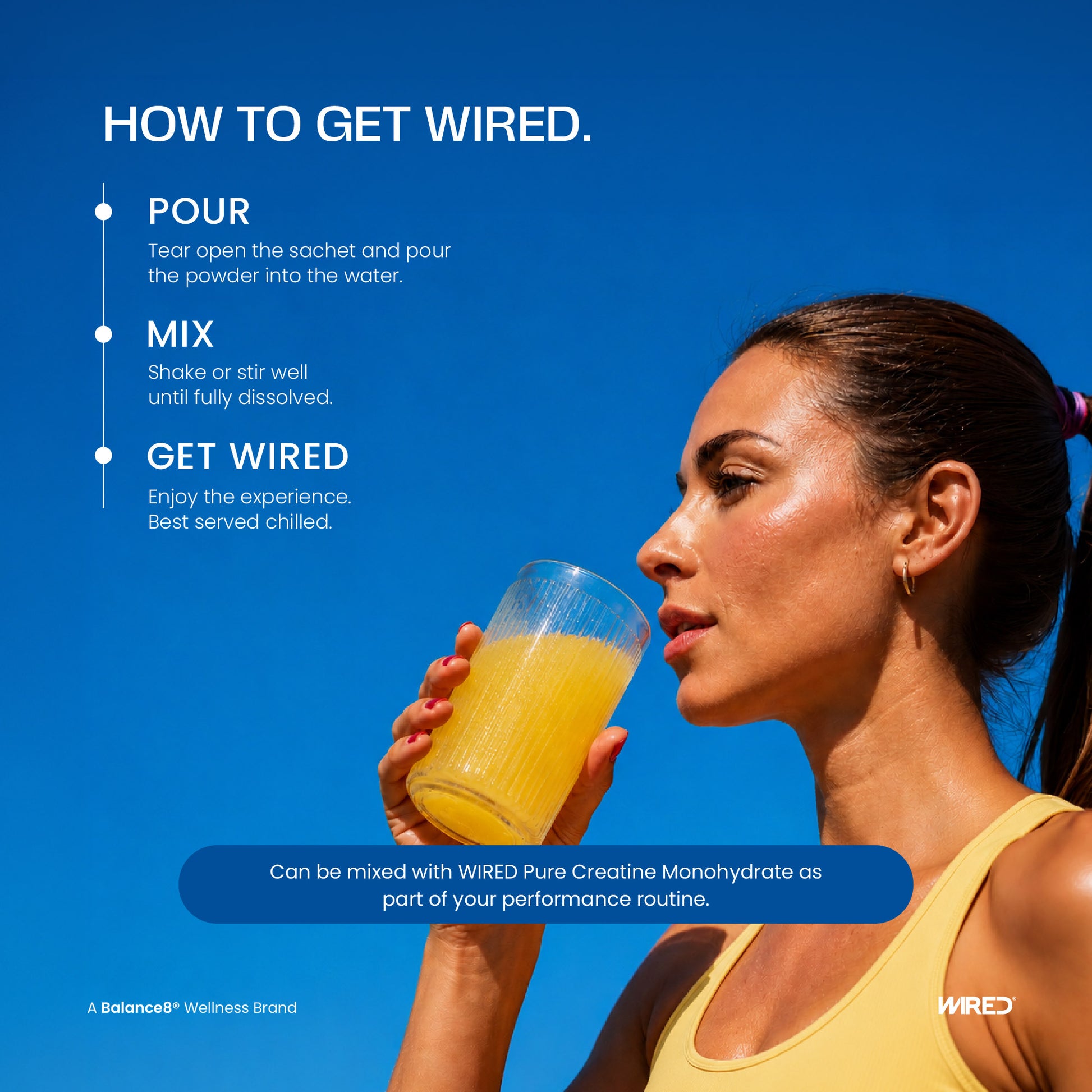 WIRED Discovery Pack – how to get WIRED: pour sachet into water, mix and drink chilled | Balance8 Wellness
