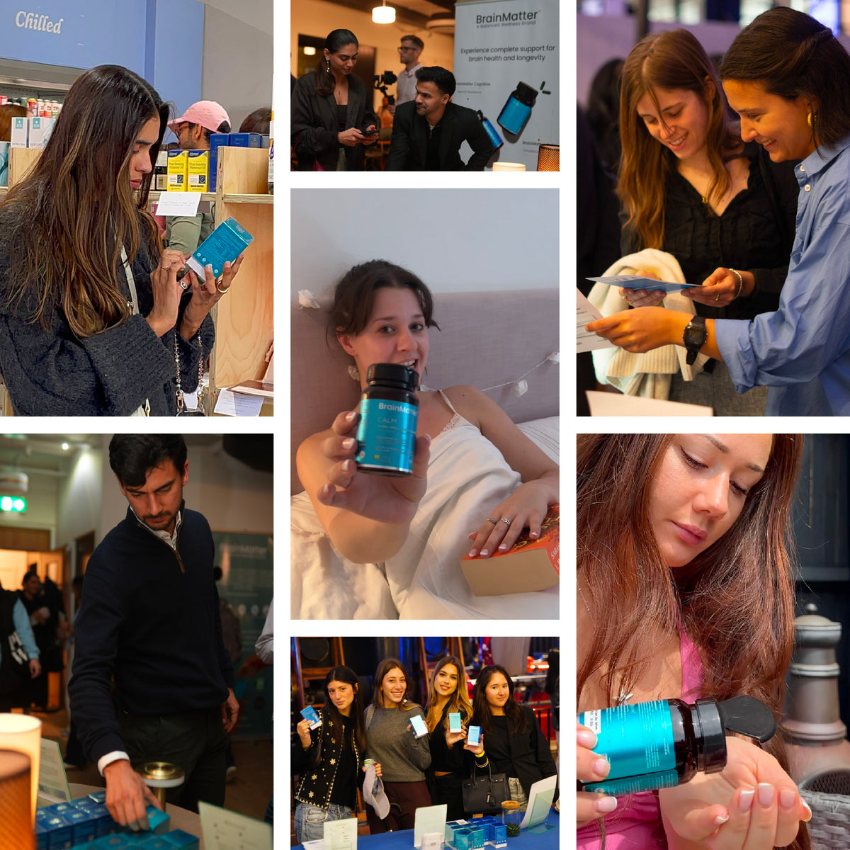 BrainMatter Calm – event collage showing customers discovering the supplement at wellness pop-ups | Balance8 Wellness