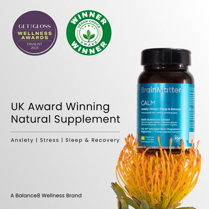 BrainMatter Calm by Balance8 Wellness — UK award-winning natural supplement for stress relief, sleep, and emotional balance.