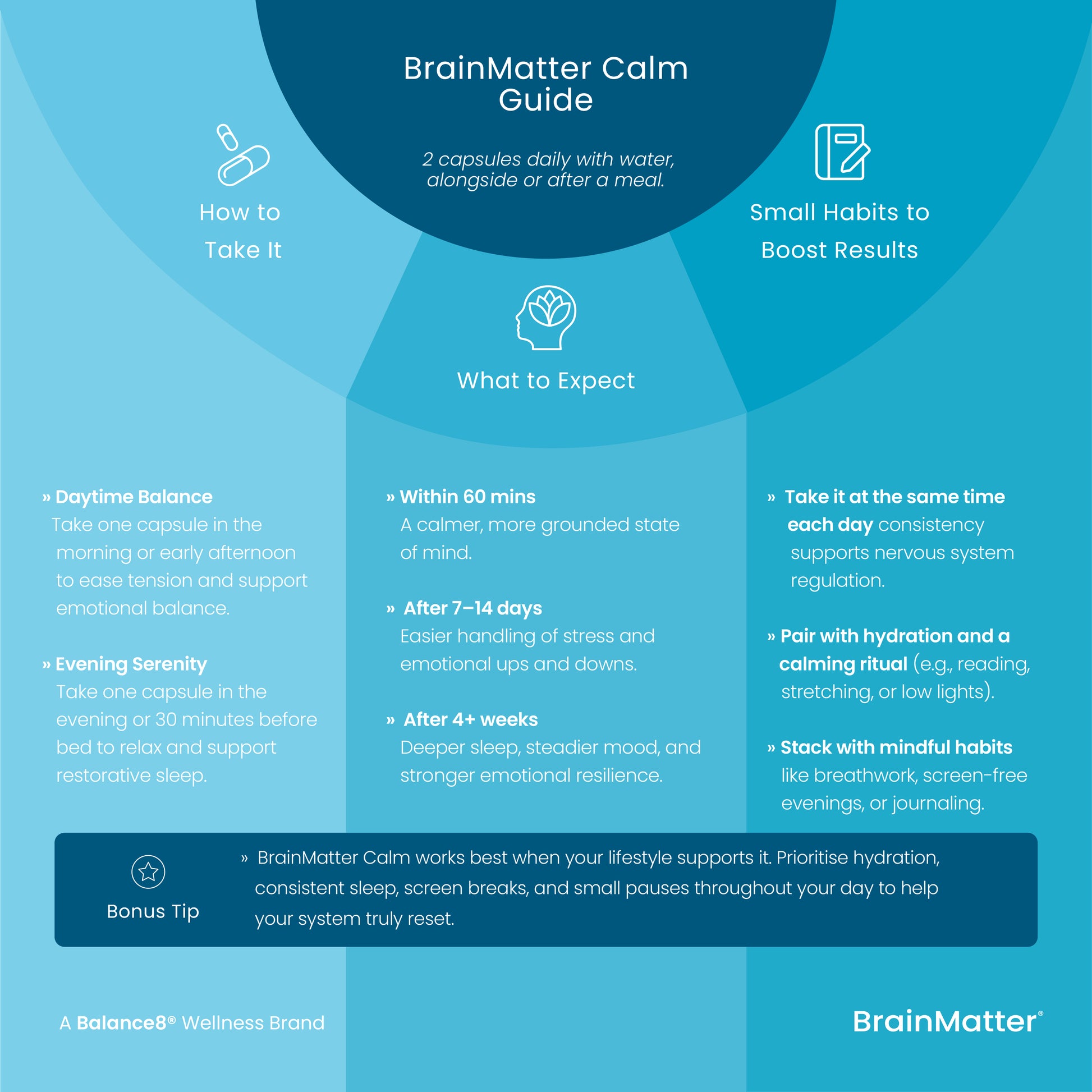 Brain Matter Calm Guide infographic with information on how to take, benefits, and what to expect.
