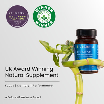 BrainMatter Cognitive by Balance8 Wellness — a UK award-winning brain health and longevity supplement. Winner in 4 categories at the Get The Gloss Wellness Awards 2025.