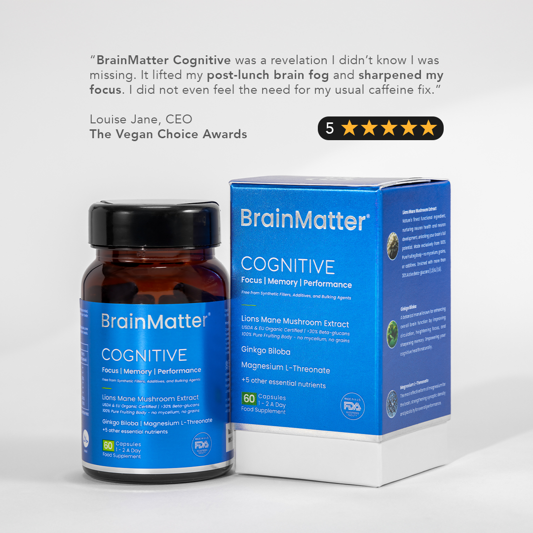 BrainMatter Cognitive - a revelation I didn’t know I was missing! This remarkable supplement has transformed my afternoons, banishing that pesky brain fog that often creeps in post-lunch. I’ve even found myself skipping the usual 2 PM caffeine fix, thanks to the incredible blend of ingredients that enhance my focus, productivity, and mental endurance. The clever formulation shows how the right blend of components can really take your mental game to the next level.
— Louise Jane, CEO, The Vegan Choice Awards