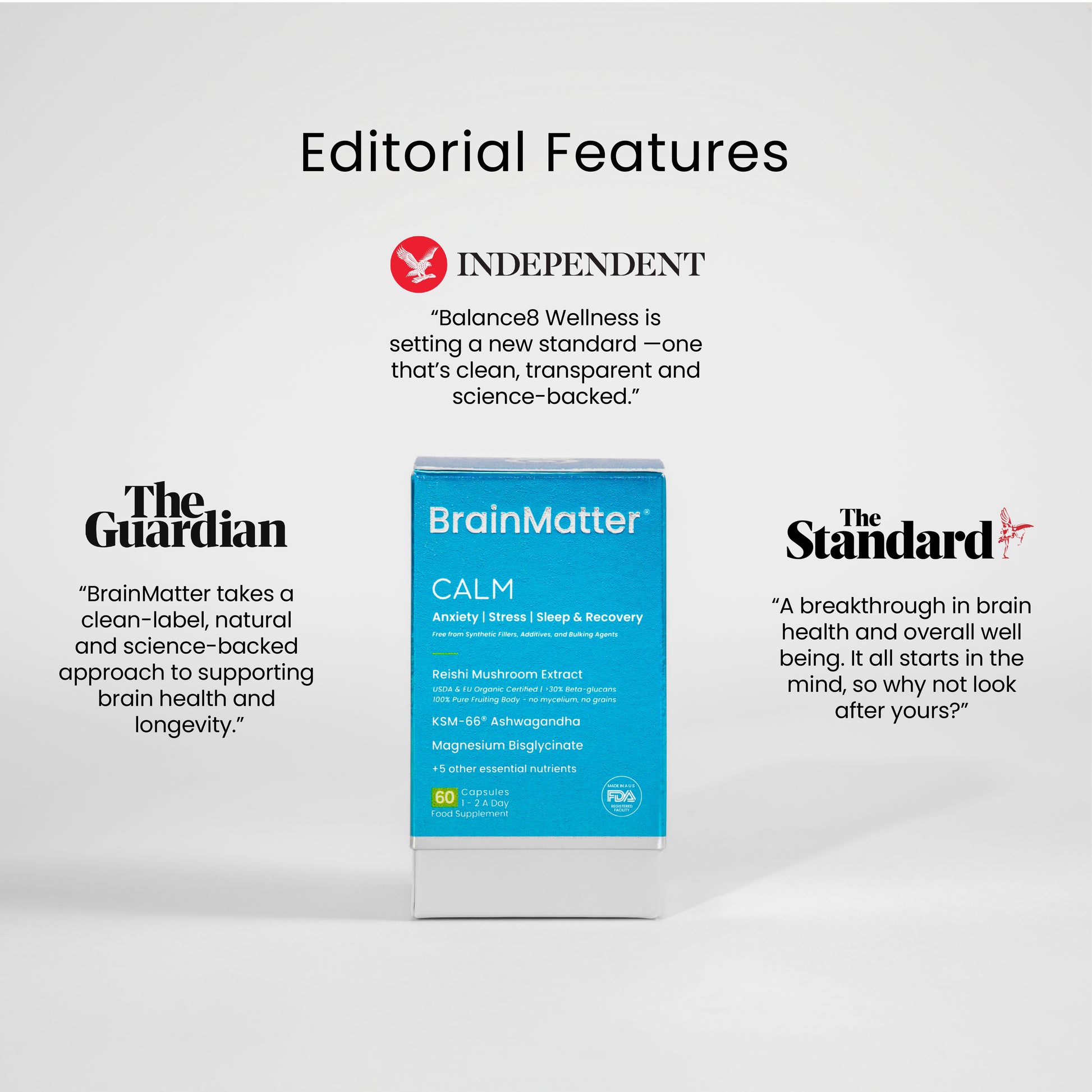 Editorial features of BrainMatter Calm by Balance8 Wellness in The Guardian, The Independent, and The London Standard.