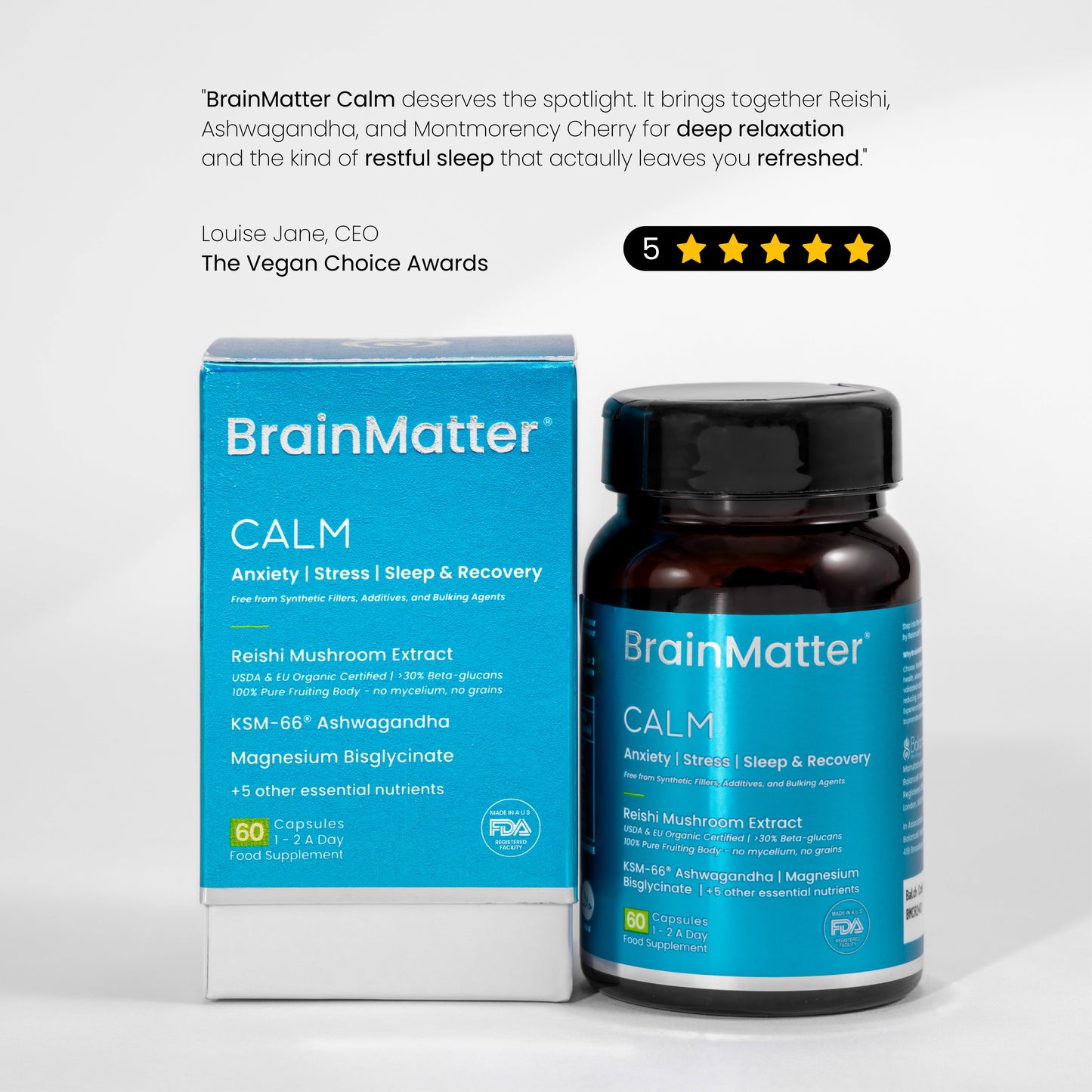 Customer review of BrainMatter Calm highlighting deep relaxation and restful sleep, with Reishi, Ashwagandha, and Montmorency Cherry.