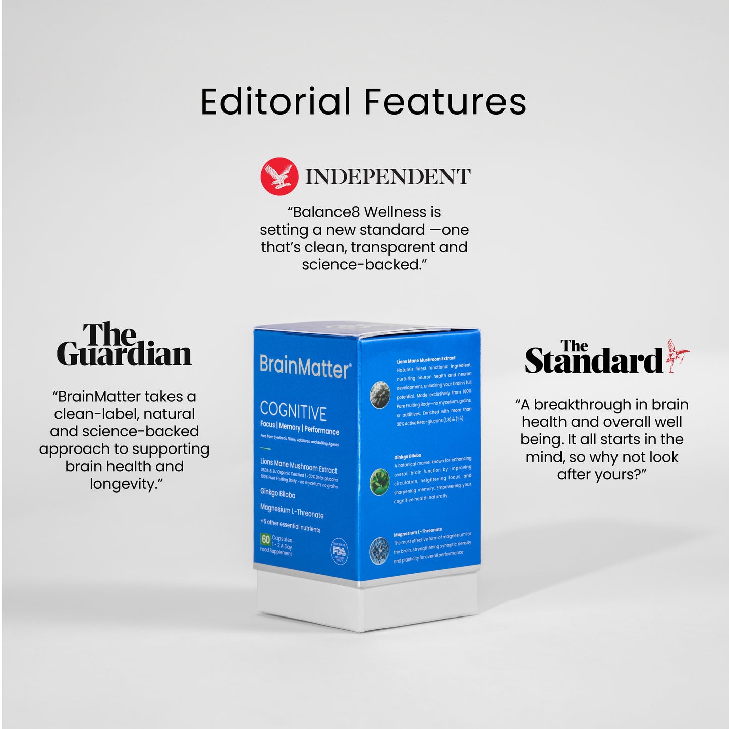 Editorial coverage of BrainMatter Cognitive by Balance8 Wellness in The Guardian, The Independent, and The London Standard.