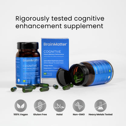 BrainMatter Cognitive by Balance8 Wellness — certified vegan, gluten-free, halal, non-GMO, and heavy metal tested.