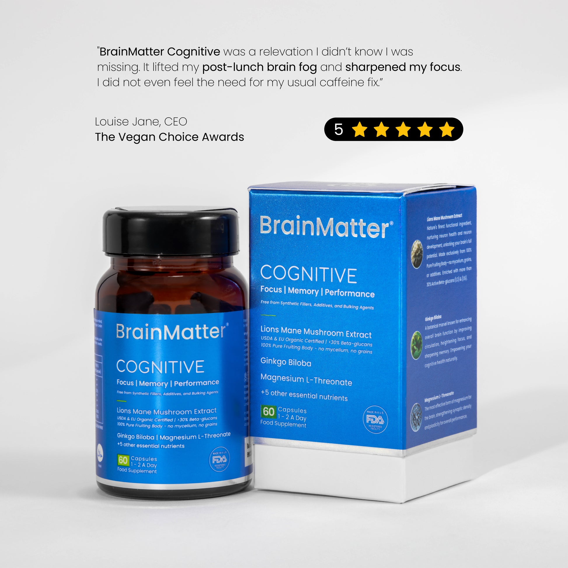 Customer review of BrainMatter Cognitive by Balance8 Wellness, noting sharper focus and no more brain fog.